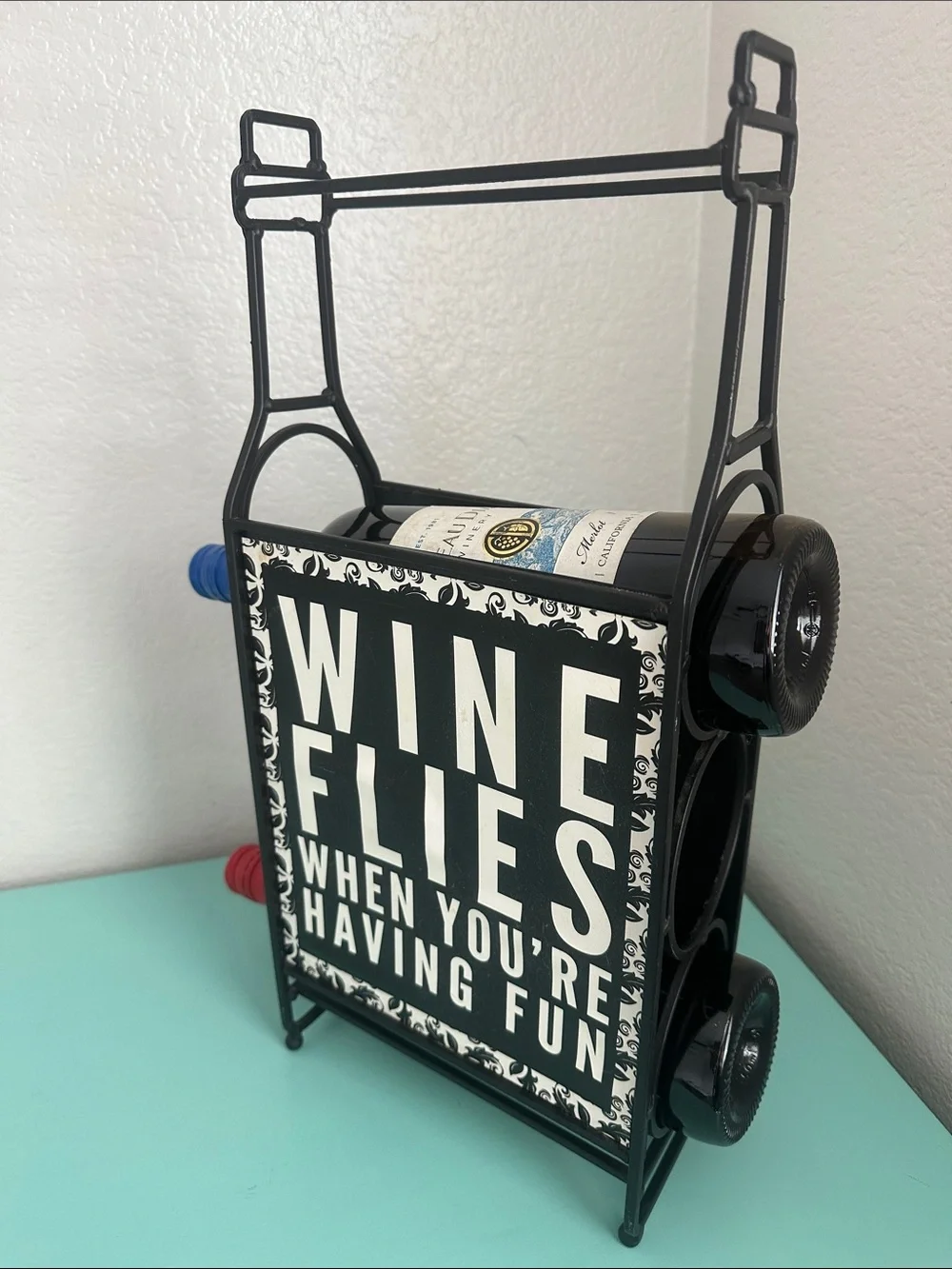 Wine Bottle Rack Décor ‘Wine Flies When You’re Having Fun’-used-good condition